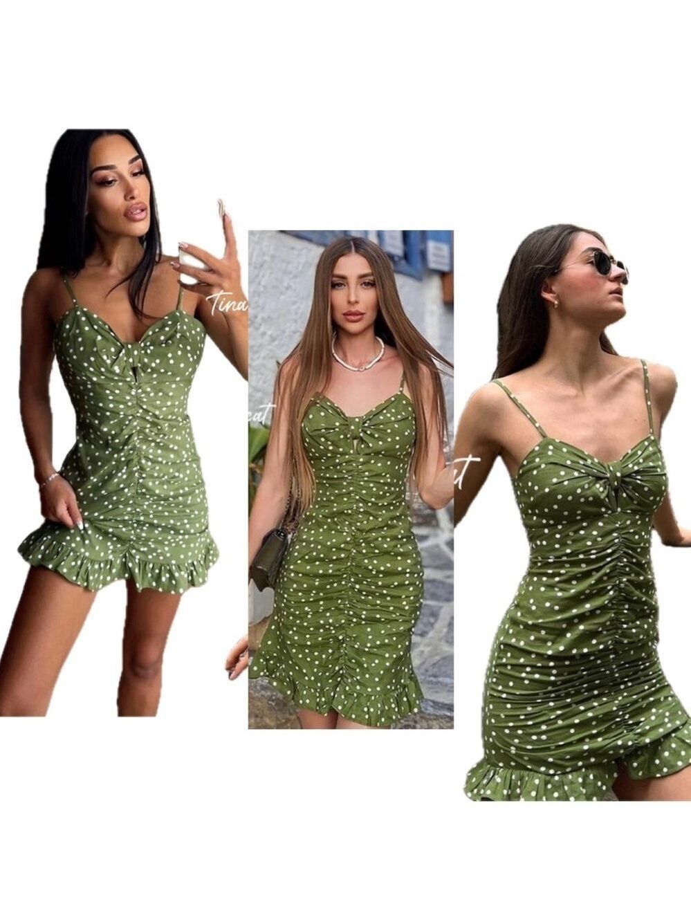 Zara green white polkadot ruched ruffle frill flounced hem mini dress bodycon XS